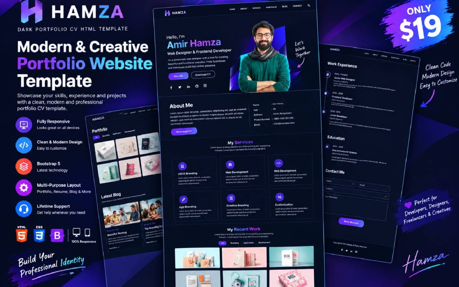 Hamza Dark Portfolio CV HTML Template