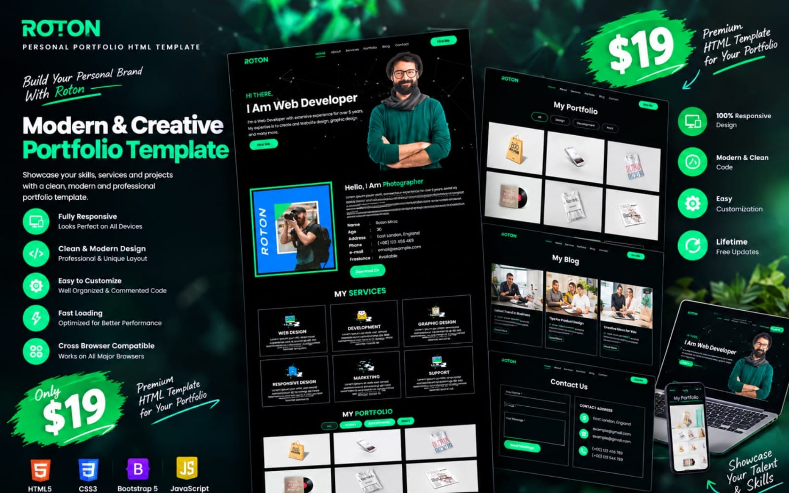Promotional banner showing the Roton Personal Resume HTML5 portfolio template with laptop, resume sections, and green