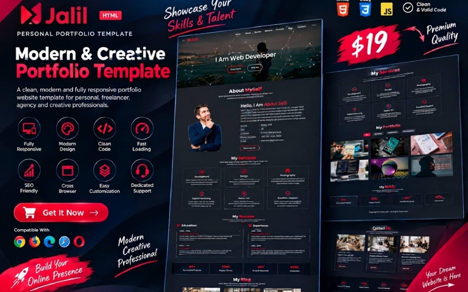 Promotional banner for Jalil personal portfolio HTML template showing modern web page preview and feature icons