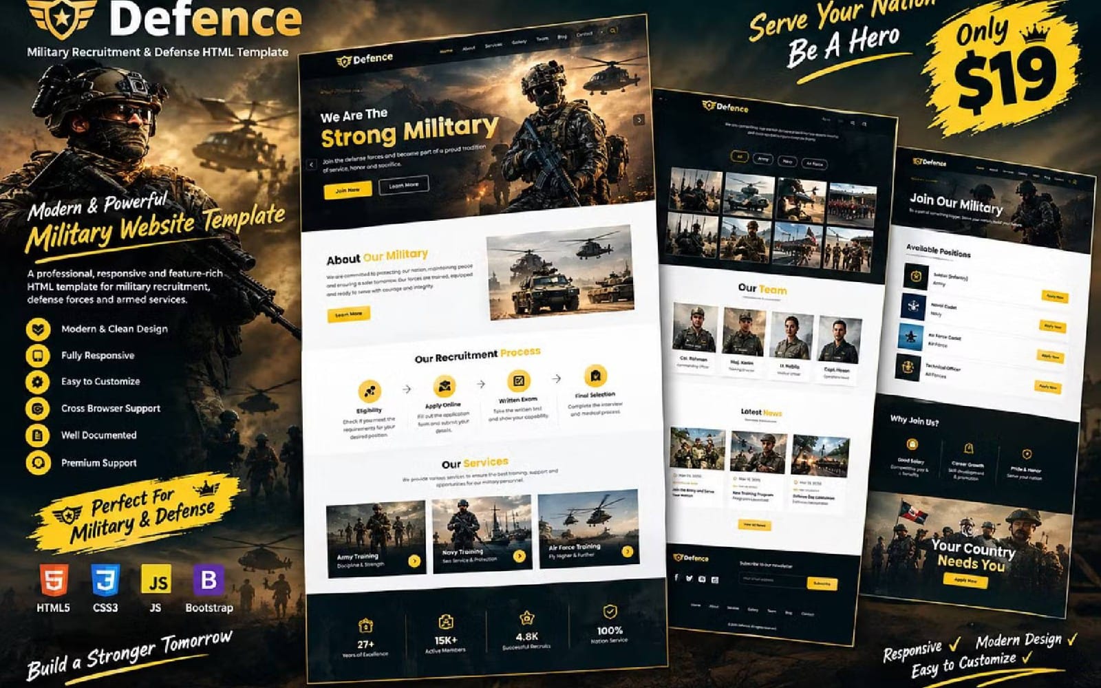 Military themed Defence recruitment HTML website template banner with soldiers, vehicles, and UI mockup screens