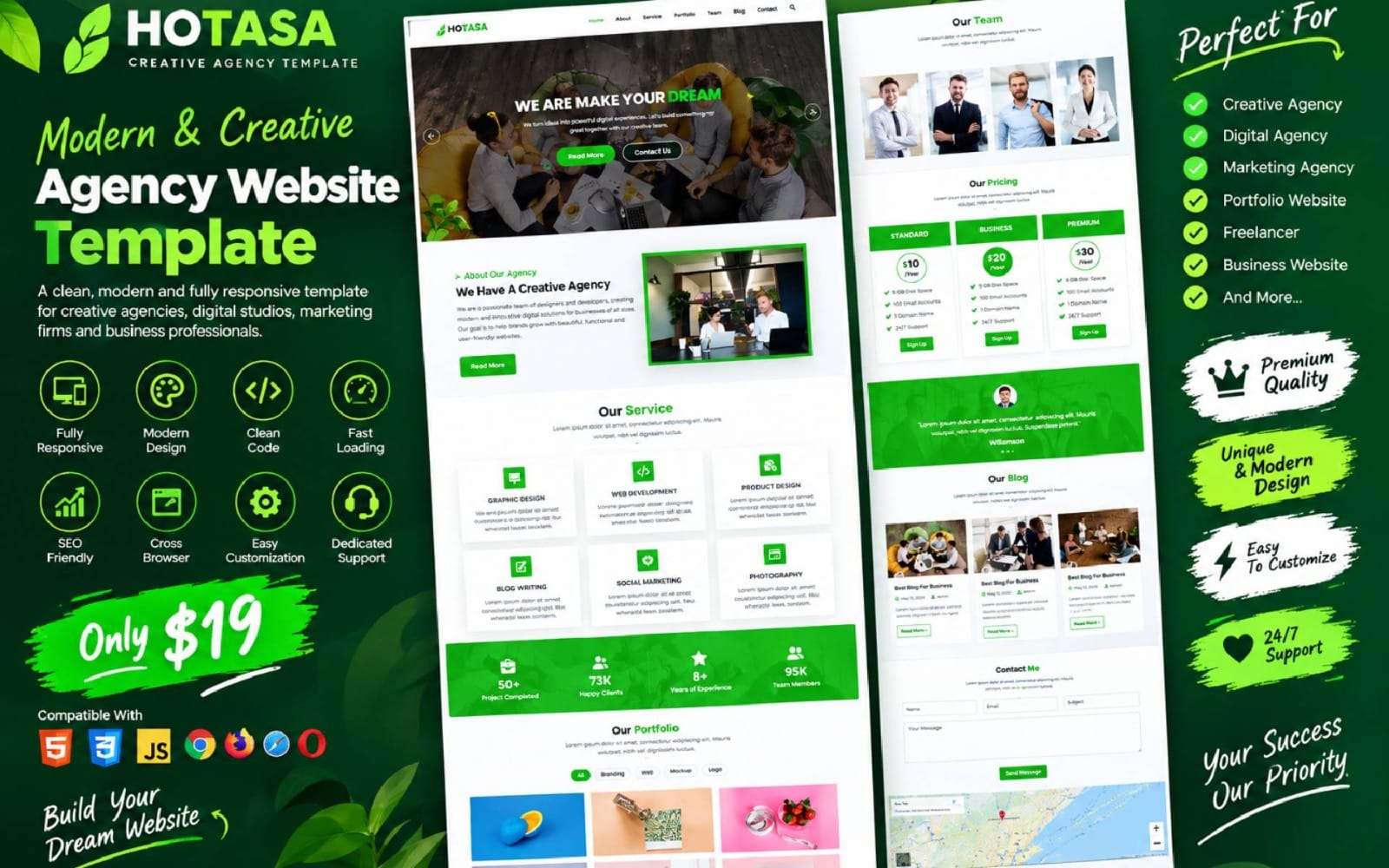 Marketing agency HTML website template preview with green promotional graphics and sections for services pricing team