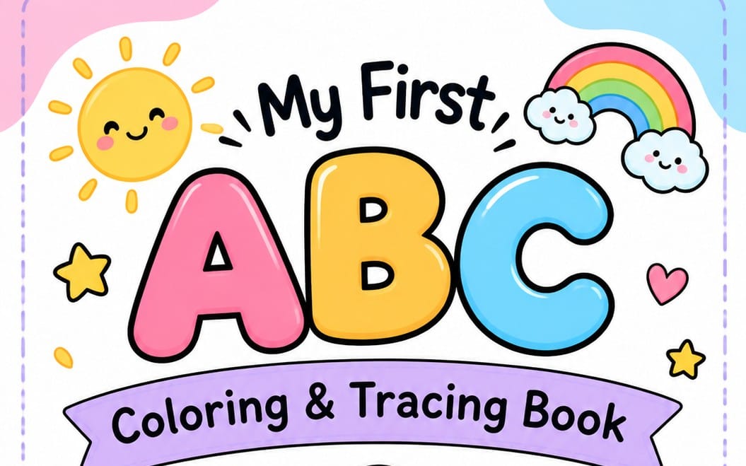 Kids alphabet tracing coloring book cover with smiling sun, clouds, rainbow, and large ABC letters A B C