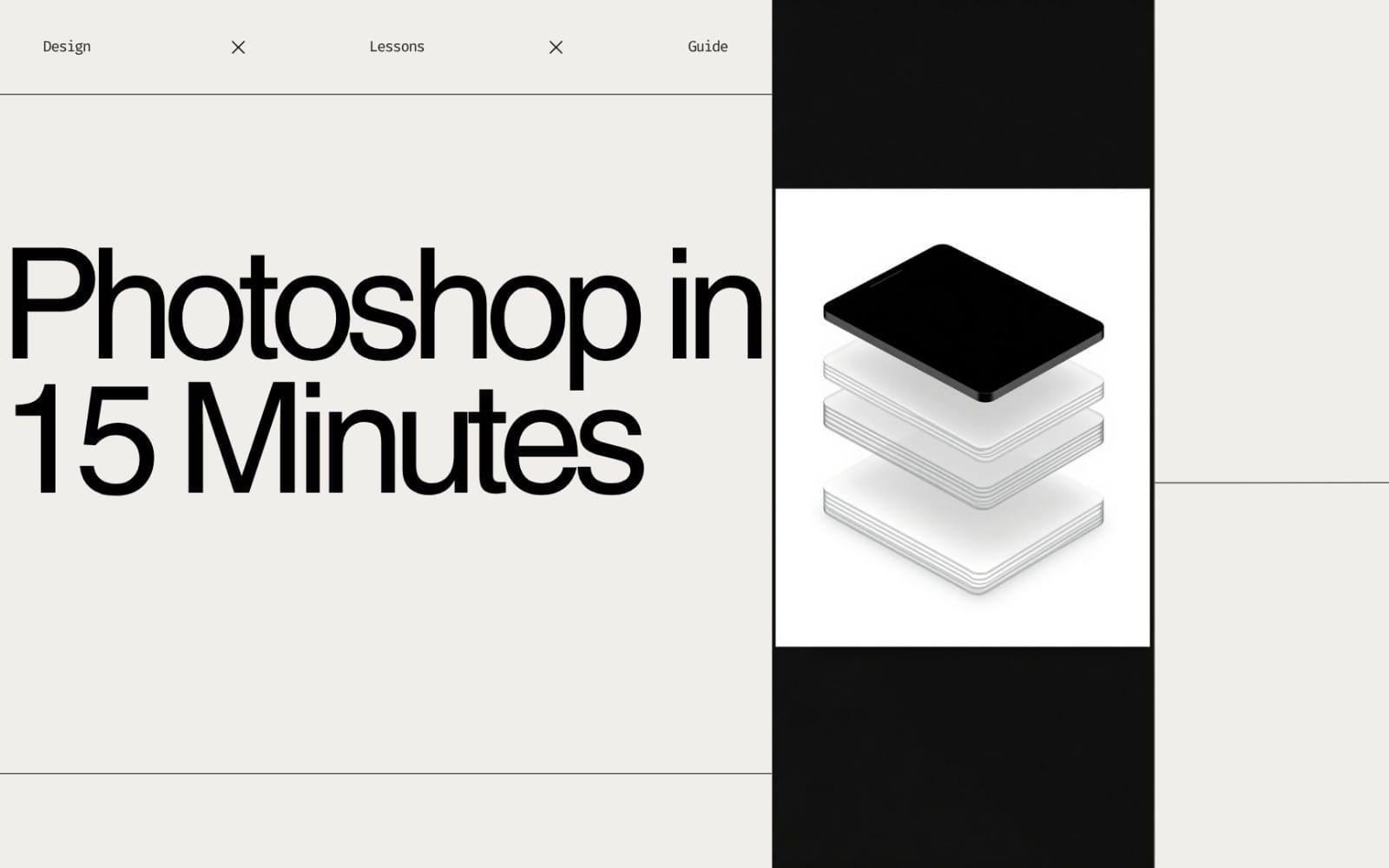 Photoshop in 15 Minutes digital course cover with large title text and stacked black and white app icons