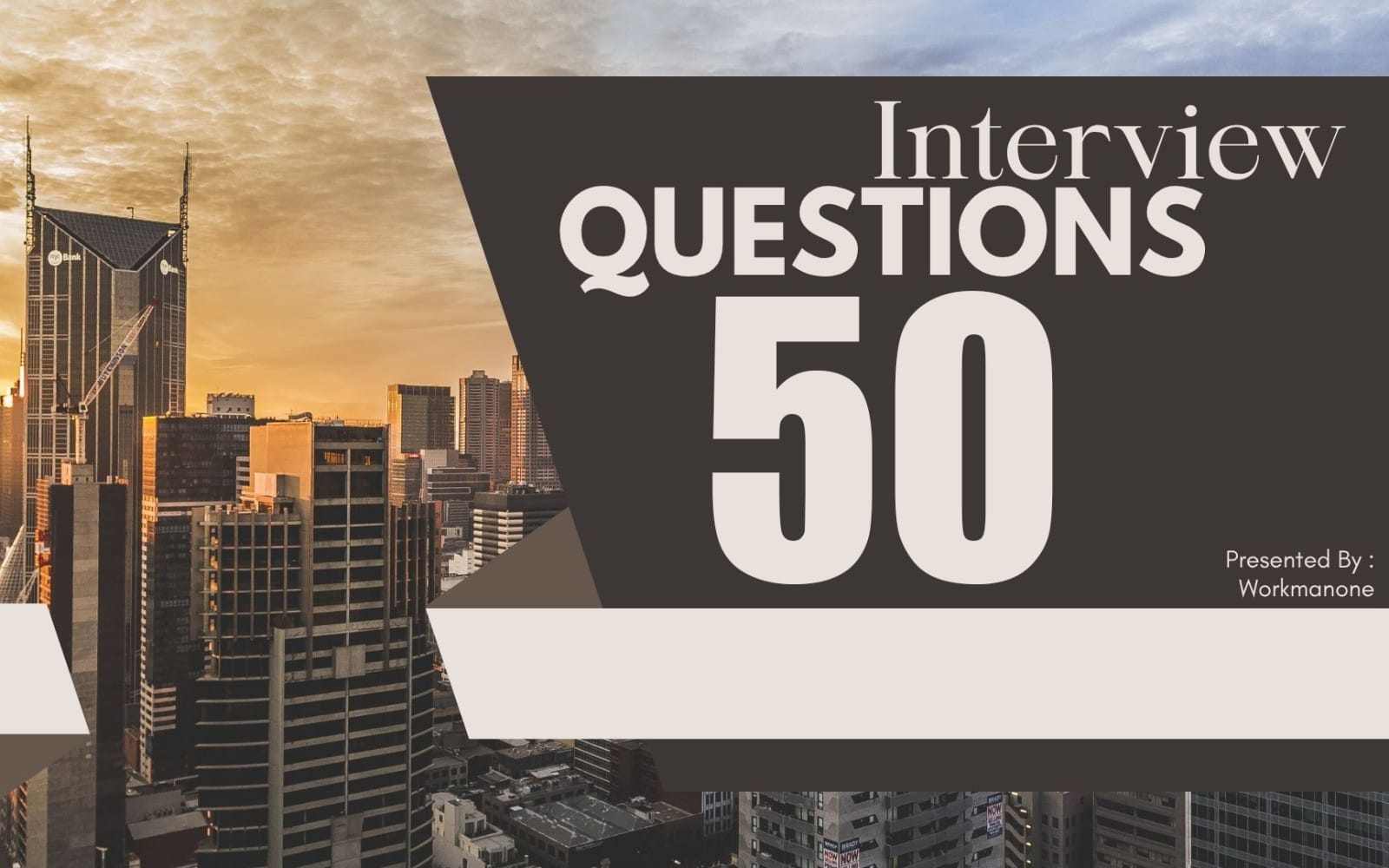 City skyline with a bold title Interivew Questions 50 on a business-themed digital template