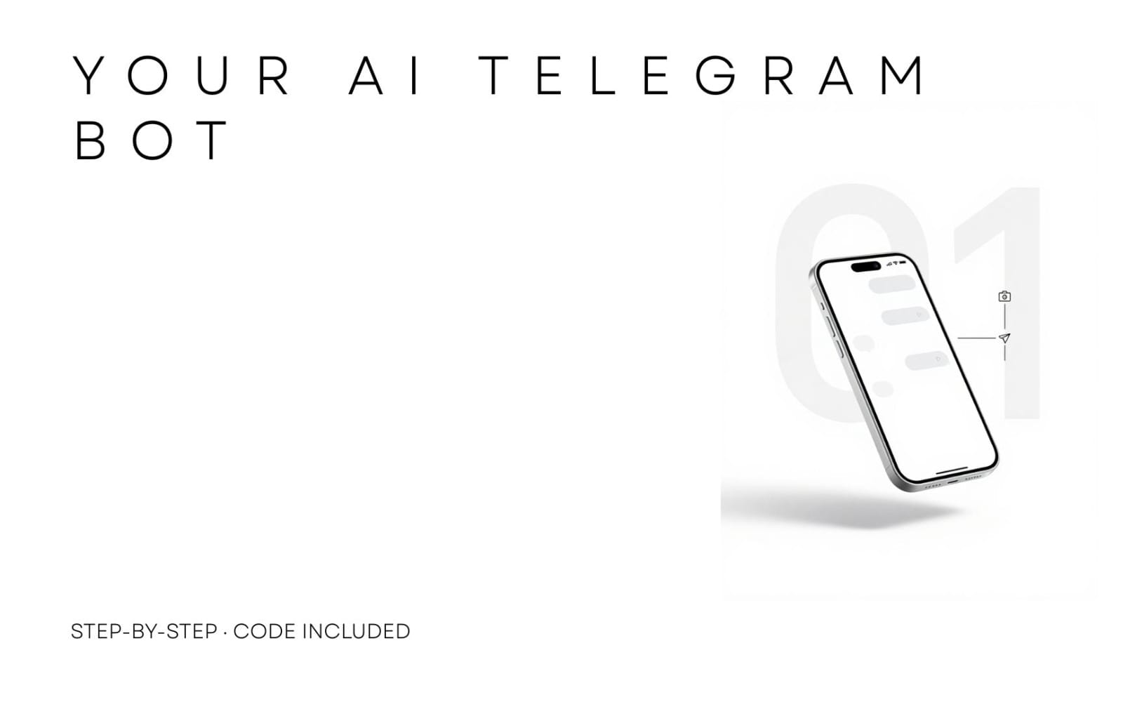 Minimal marketing graphic for an AI Telegram bot with smartphone mockup and step-by-step code text