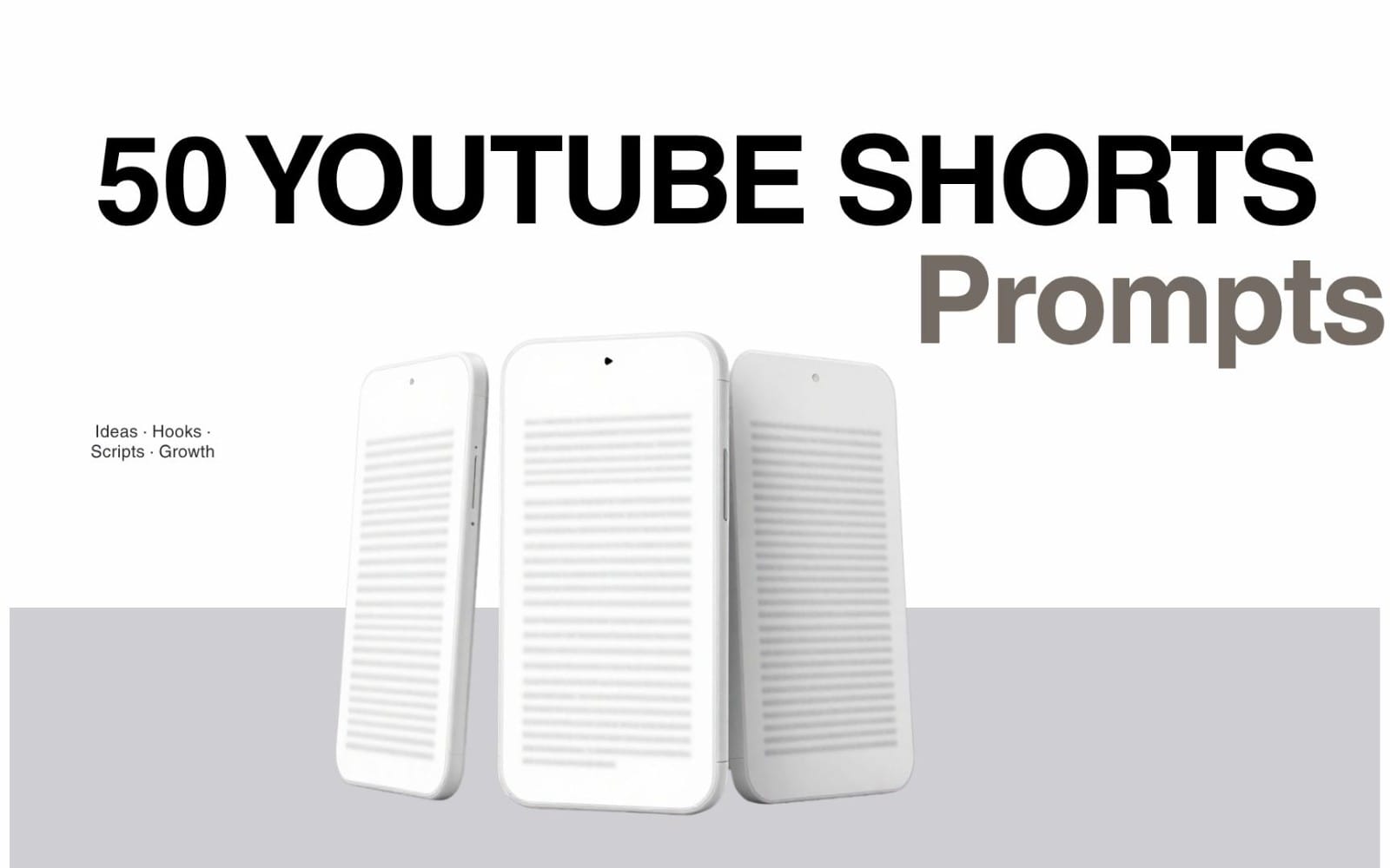 Promotional banner for 50 YouTube Shorts prompts with three smartphone mockups and text on white background