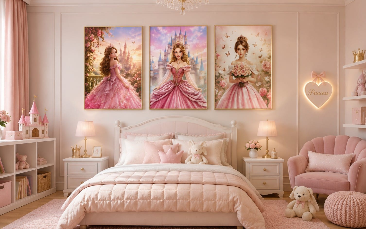 Princess Wall Art Set of 3, Fairytale Princess Nursery Decor, Printable Girls Bedroom Decor, Pink Watercolor Princess Prints, Digital Download