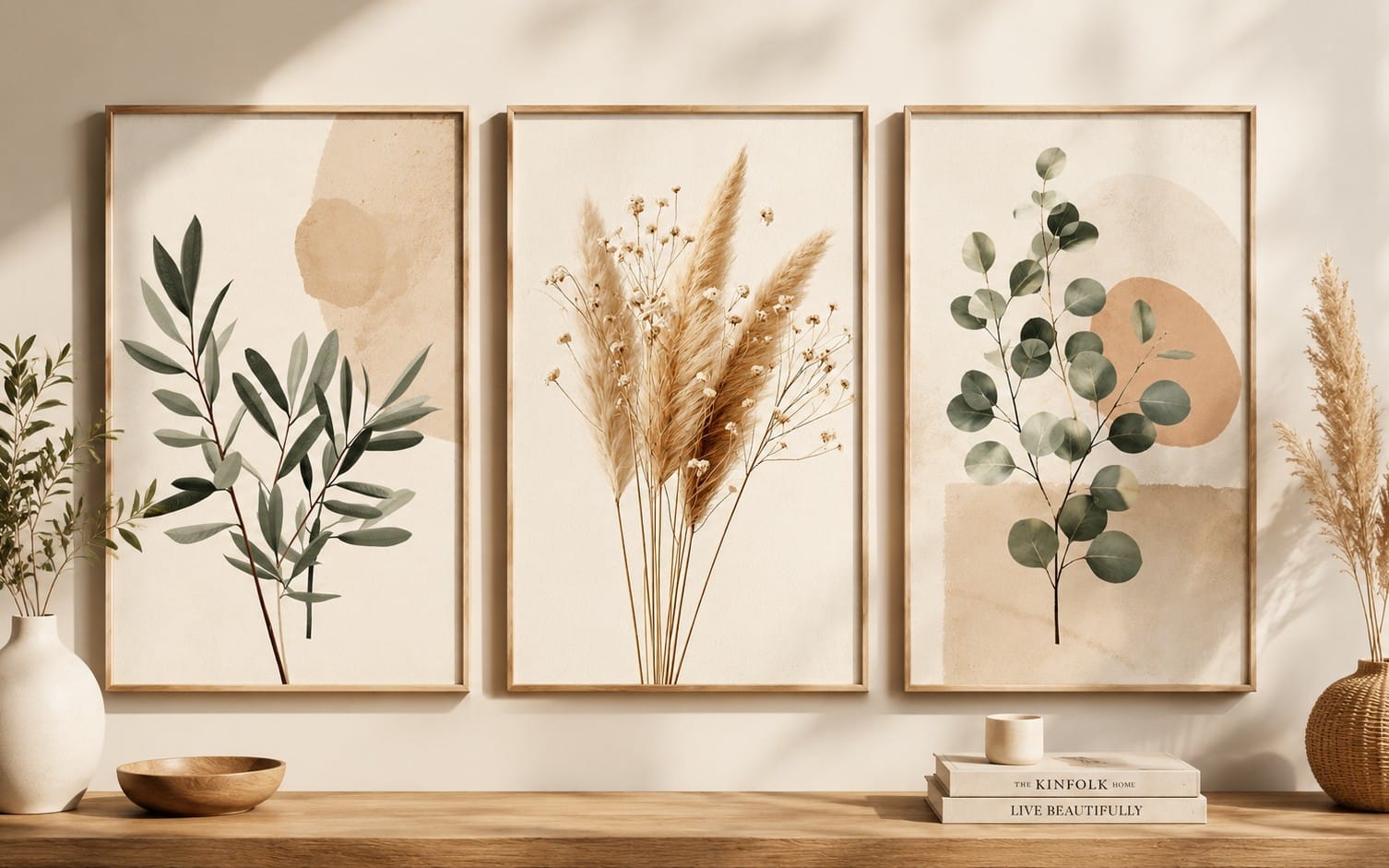 Neutral Botanical Wall Art Set of 3, Boho Printable Wall Decor, Beige Eucalyptus Prints, Minimalist Scandinavian Gallery Wall, Digital Download