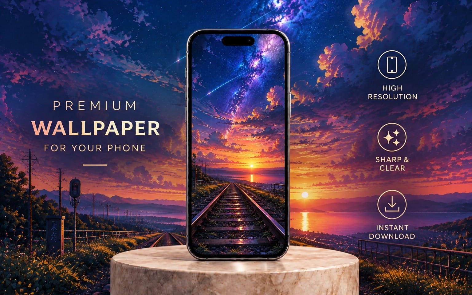 Anime cosmic railway sunset phone wallpaper with vibrant galaxy shooting stars background on a phone mockup