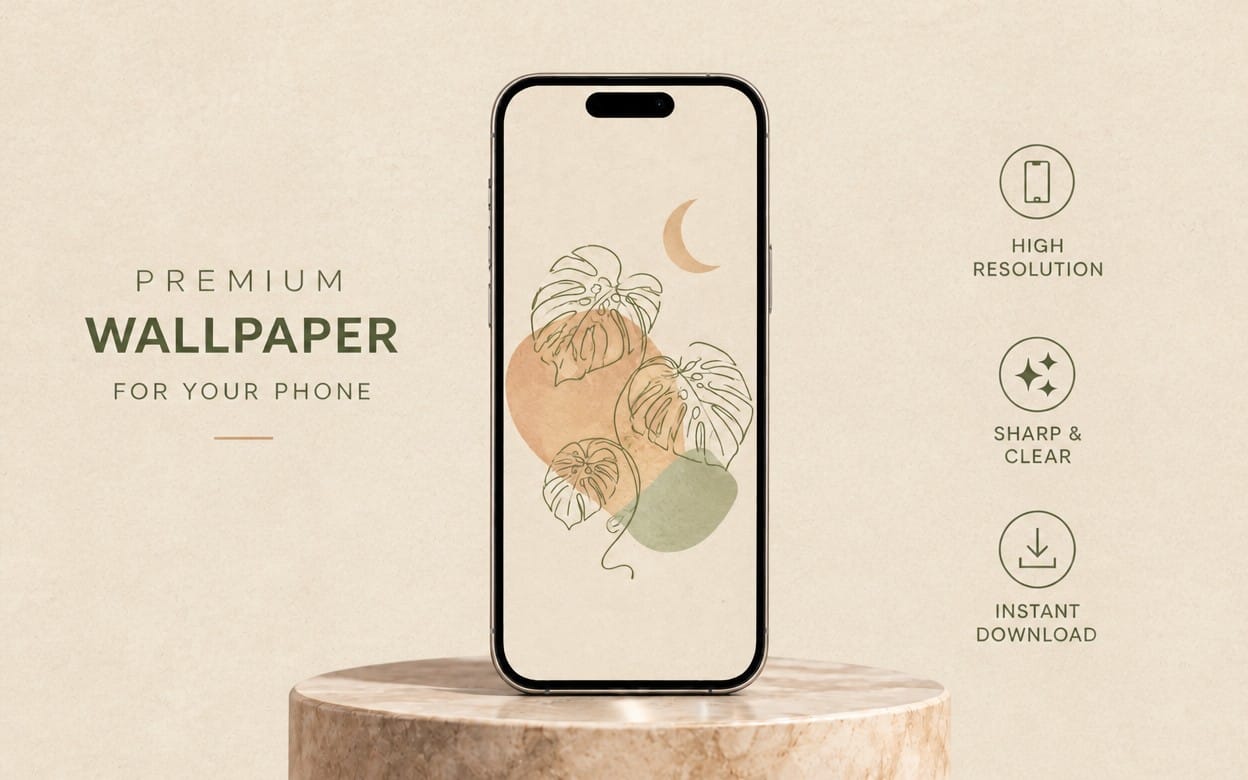 Cozy boho phone wallpaper mockup with monstera leaves on terracotta and sage green abstract background