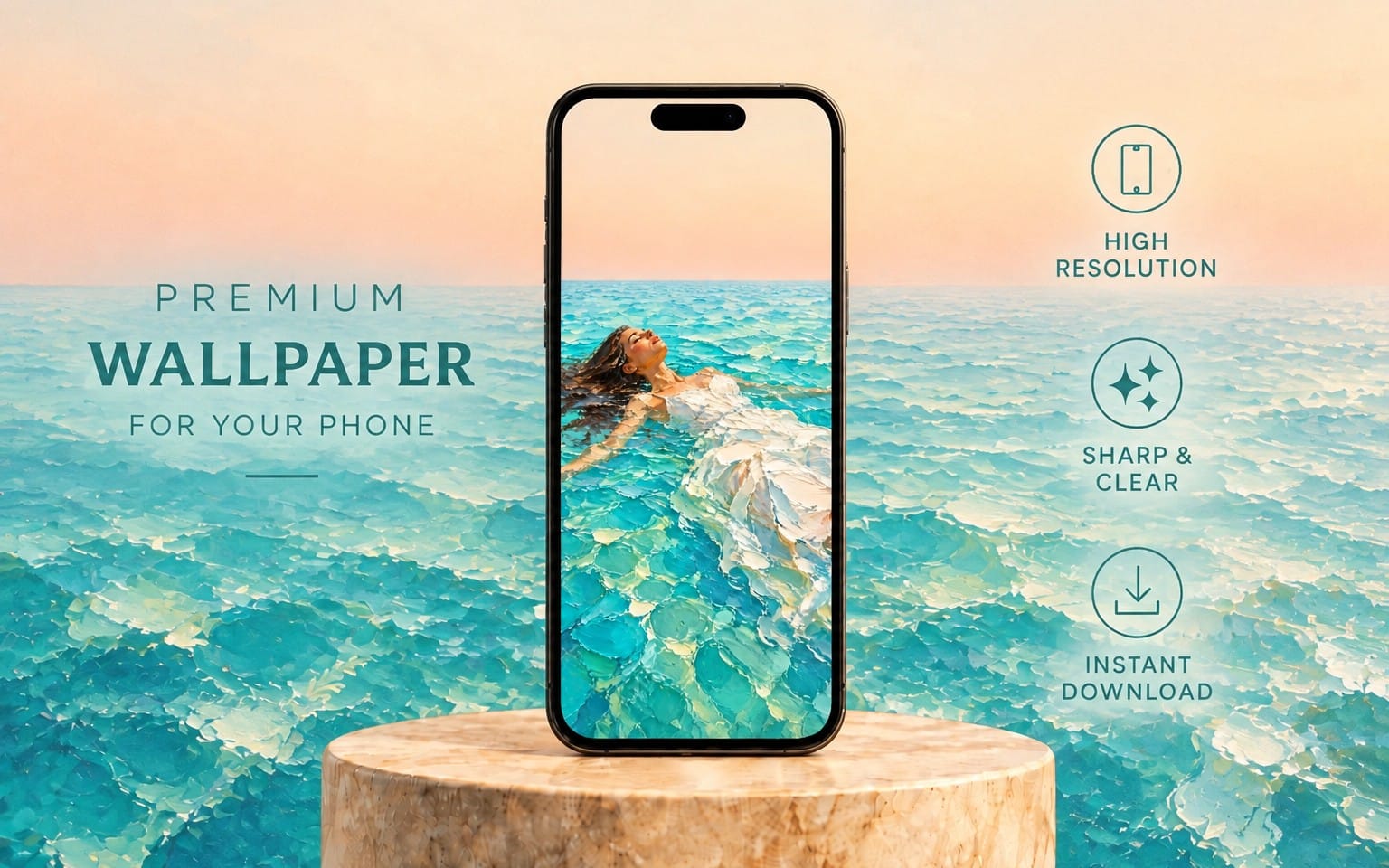 Smartphone mockup displaying serene ocean impasto oil painting wallpaper for iOS and Android