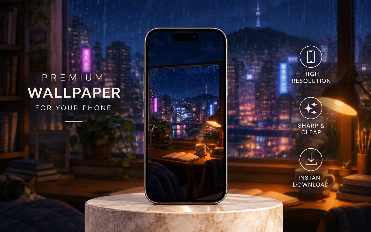 Cozy rainy anime-style city skyline phone wallpaper mockup with glowing lights and raindrops background