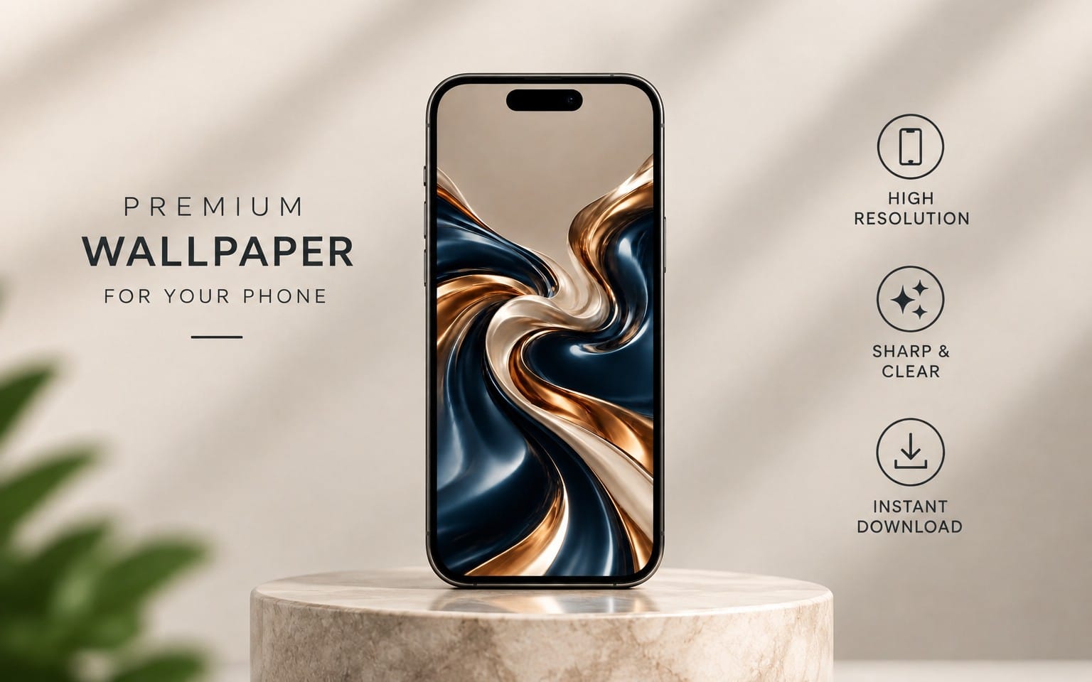 Luxury liquid silk abstract phone wallpaper with navy and gold swirl design displayed on a smartphone