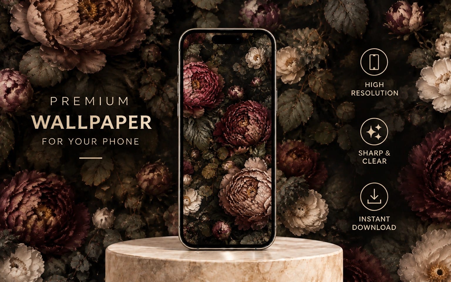 Moody vintage peony floral wallpaper design with dark botanical oil painting flowers surrounding a smartphone mockup