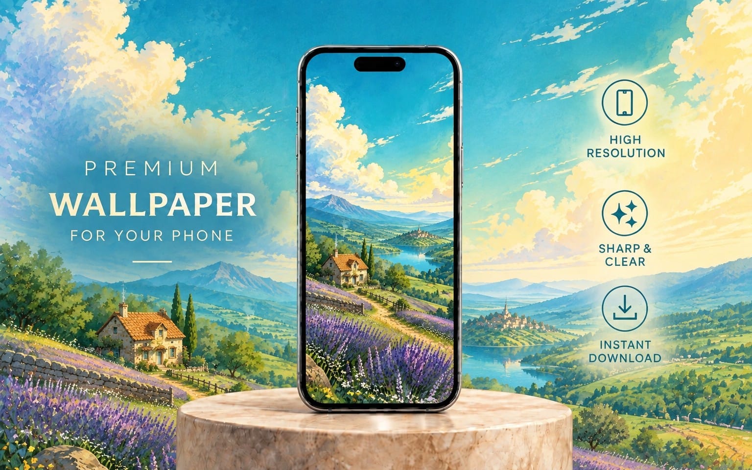 Ghibli style lavender field countryside cottage scenic phone wallpaper with a landscape on a smartphone mockup