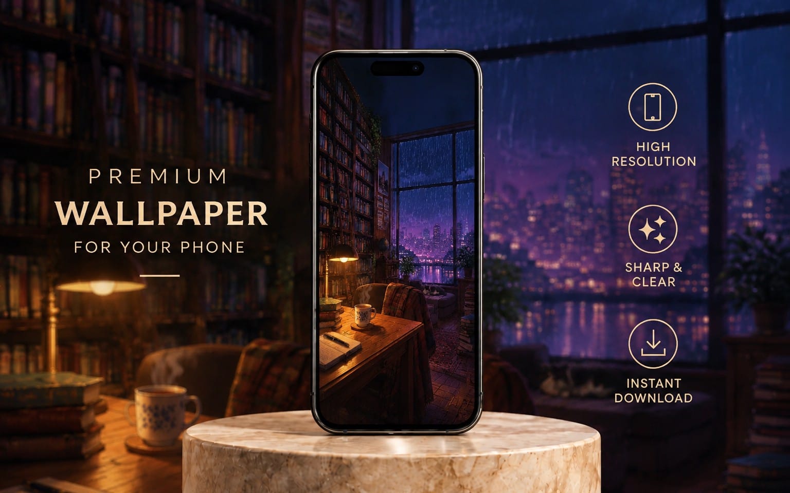 Cozy anime-style dark academia library room phone wallpaper mockup with rainy night city view through window