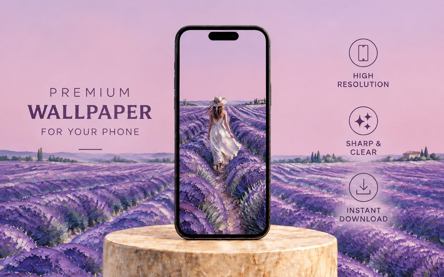 Lavender field landscape phone wallpaper showing an impasto oil painting style woman standing among purple blooms