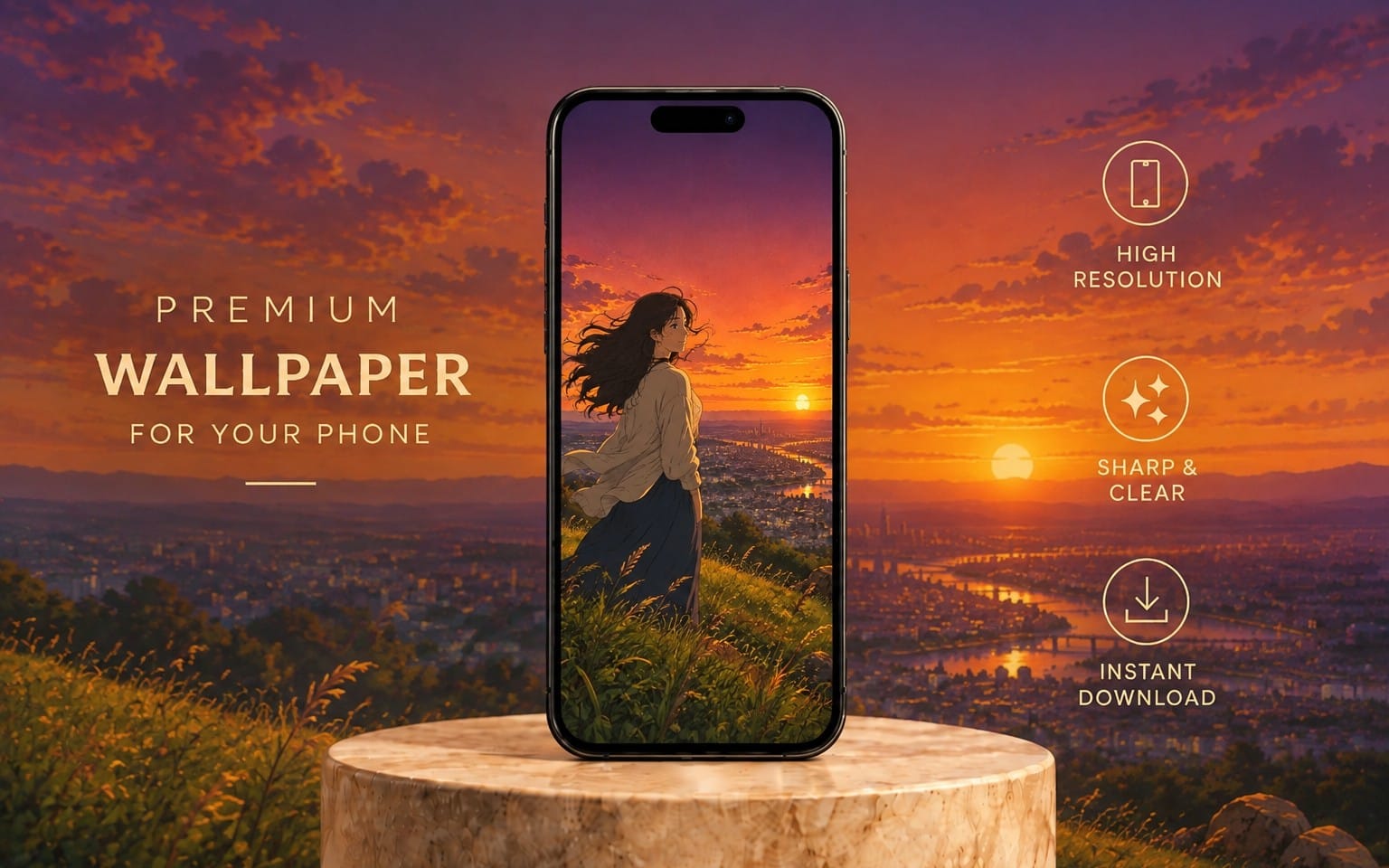 Anime girl silhouette in a golden hour sunset landscape phone wallpaper mockup with premium promotional text and icons