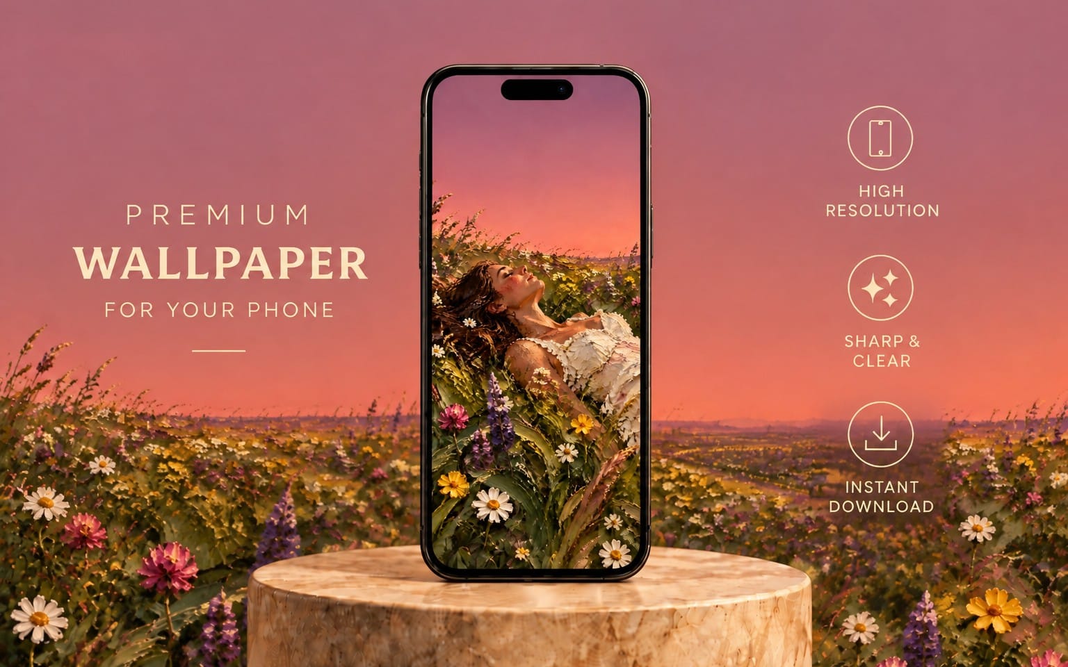 Serene impasto oil painting meadow wallpaper with phone mockup showing flowers and sunset background for iOS and Android
