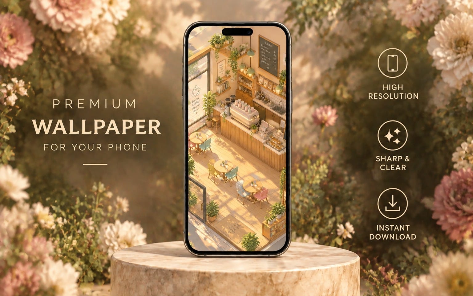 Cozy sunlit anime coffee shop phone wallpaper with cafe interior, plants, and warm lo-fi aesthetic background