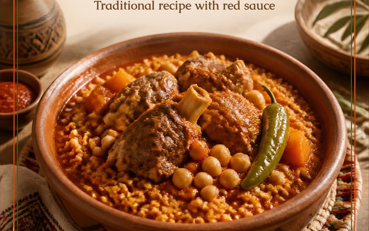 Traditional Middle Eastern meat and beans stew with red sauce in a clay bowl, food recipe graphic