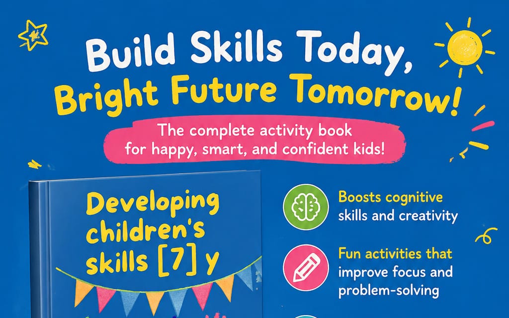 Children’s activity book cover titled Developing children’s skills with colorful text on a blue background