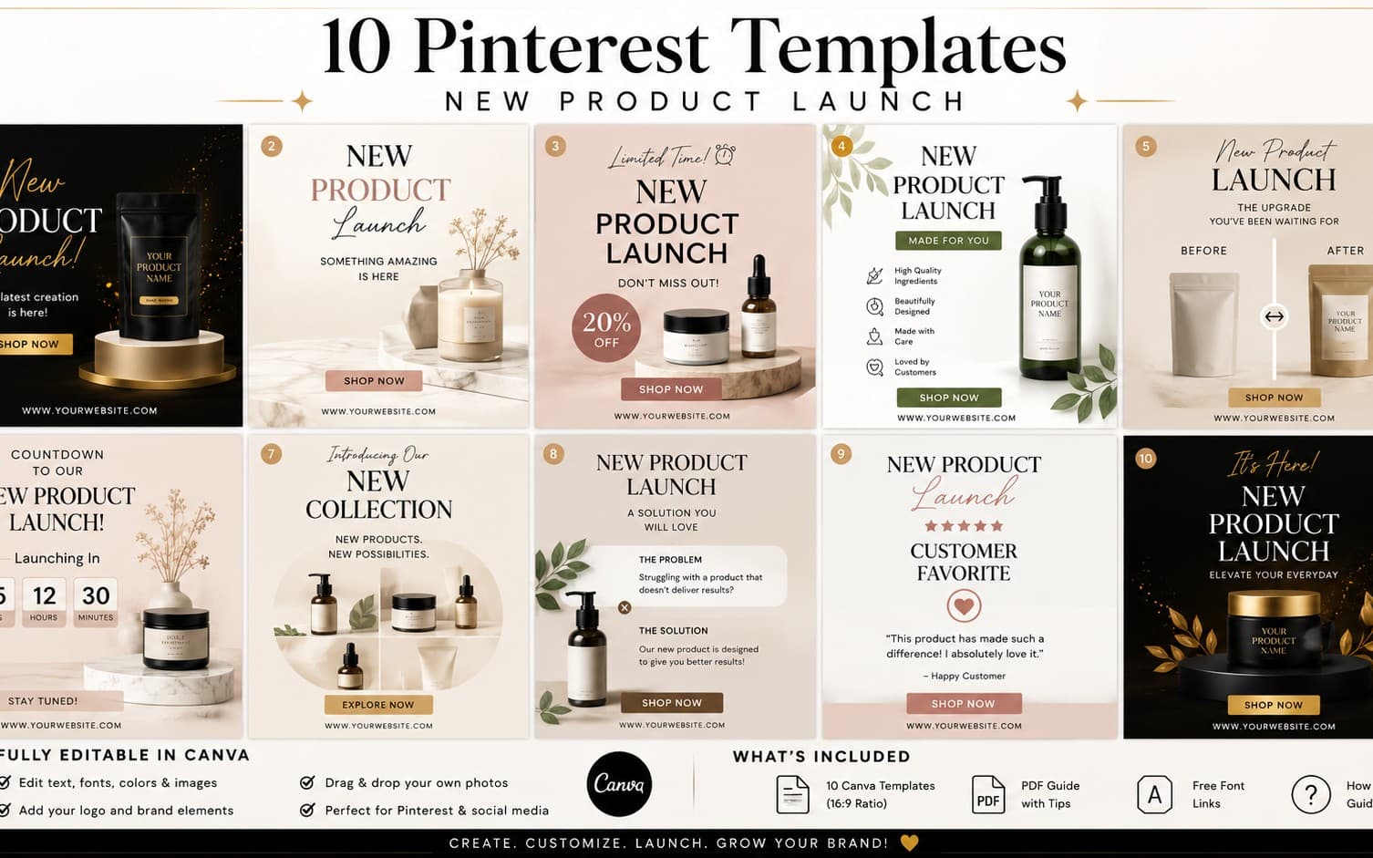 10 Luxury Pinterest Product Launch Templates for Canva | Editable Marketing Pin Bundle