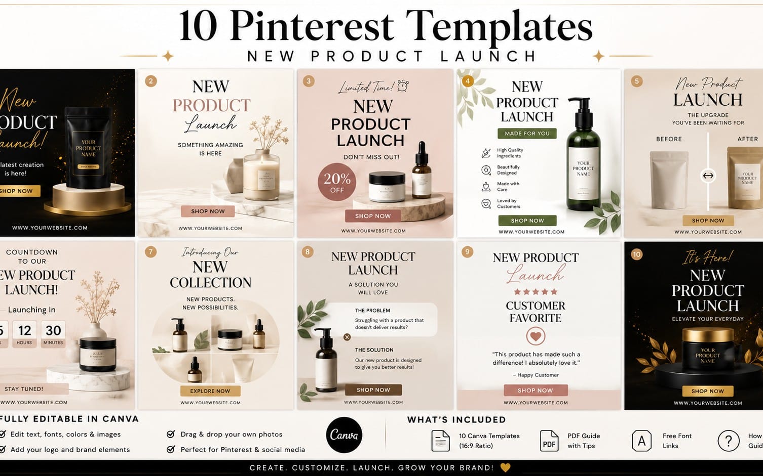 10 Luxury Pinterest Product Launch Templates for Canva | Editable Marketing Pin Bundle