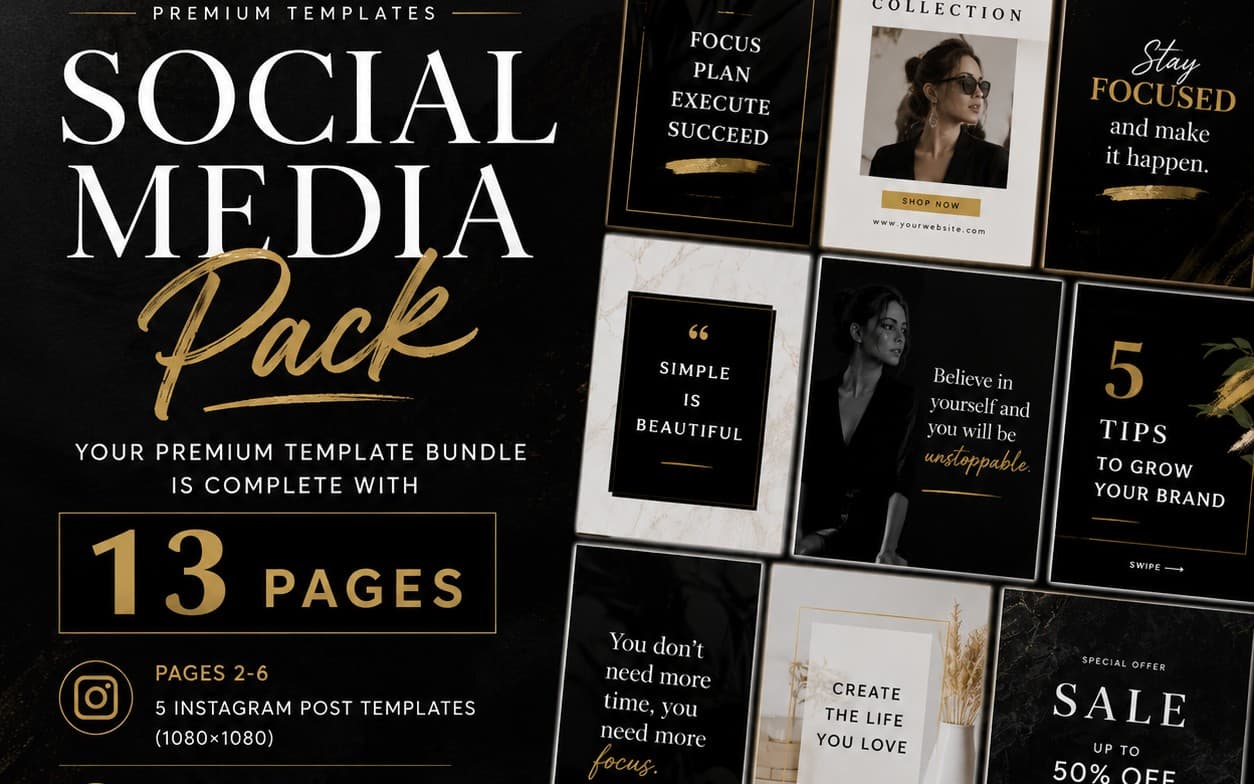 Premium Social Media Pack – 13 Editable Canva Templates | Instagram Posts, Stories & Pinterest Pins | Black, White & Gold Collection