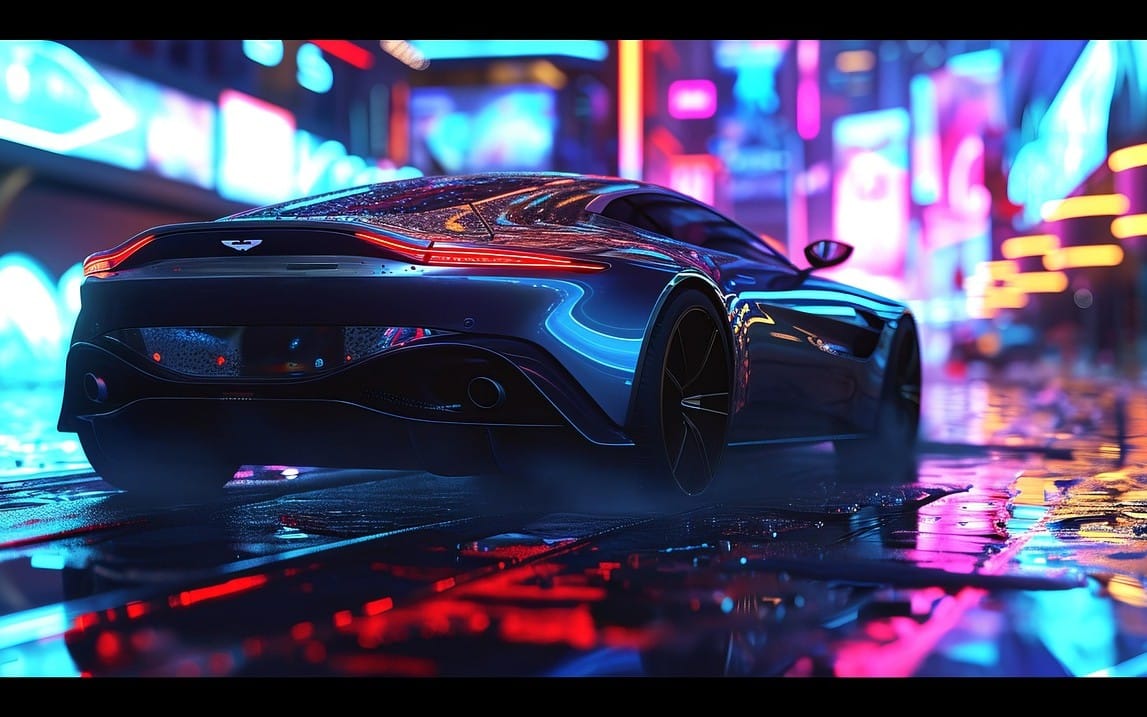 Neon cyberpunk sports car on a rainy city street with glowing lights, digital art illustration background