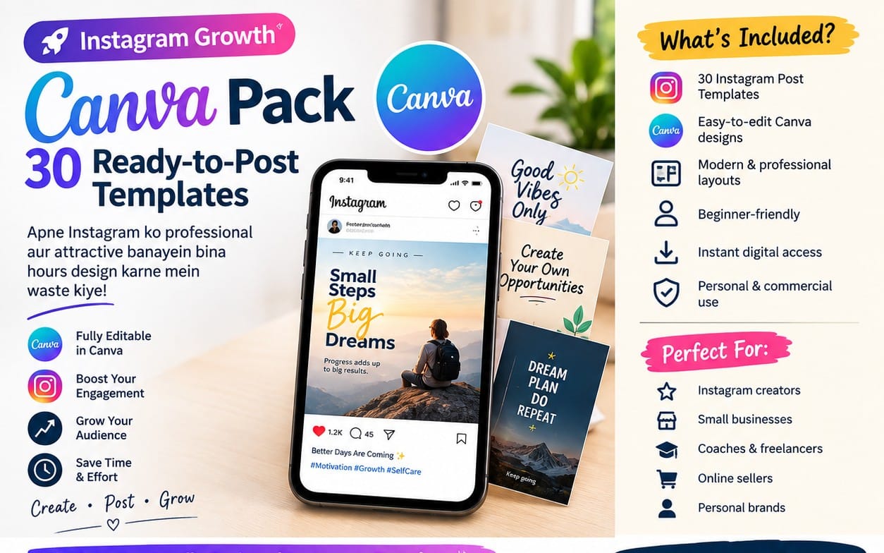 Instagram Growth Canva Pack – 30 Ready-to-Post Templates