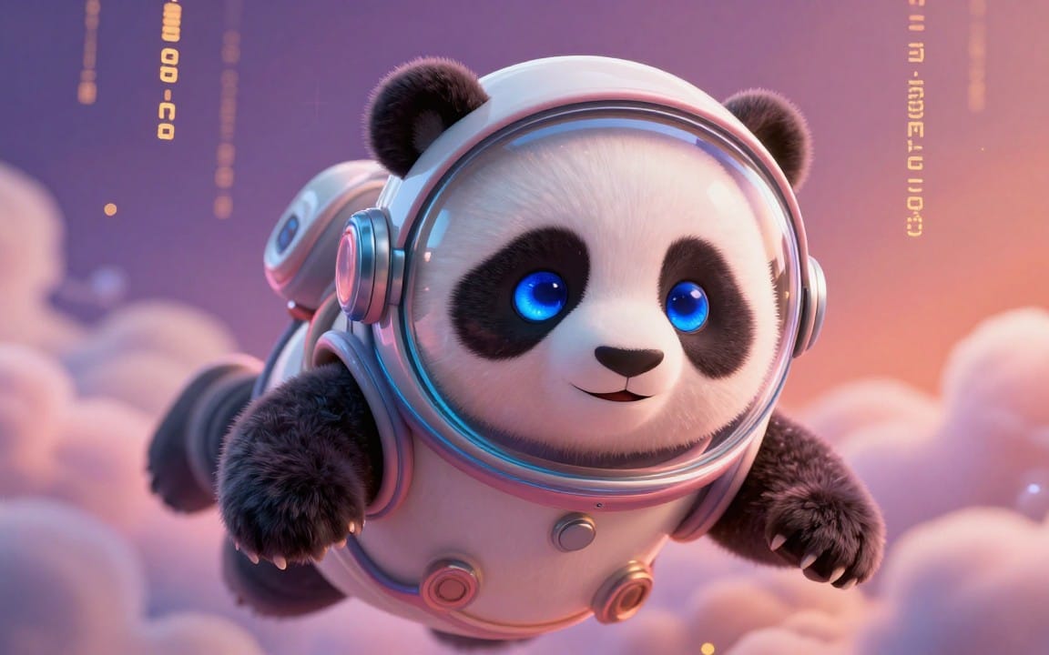 Cute baby panda in a silver astronaut helmet with blue eyes, floating in space, digital artwork