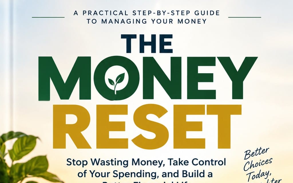 Book cover design for The Money Reset with bold title text and money-management tagline and leaf logo