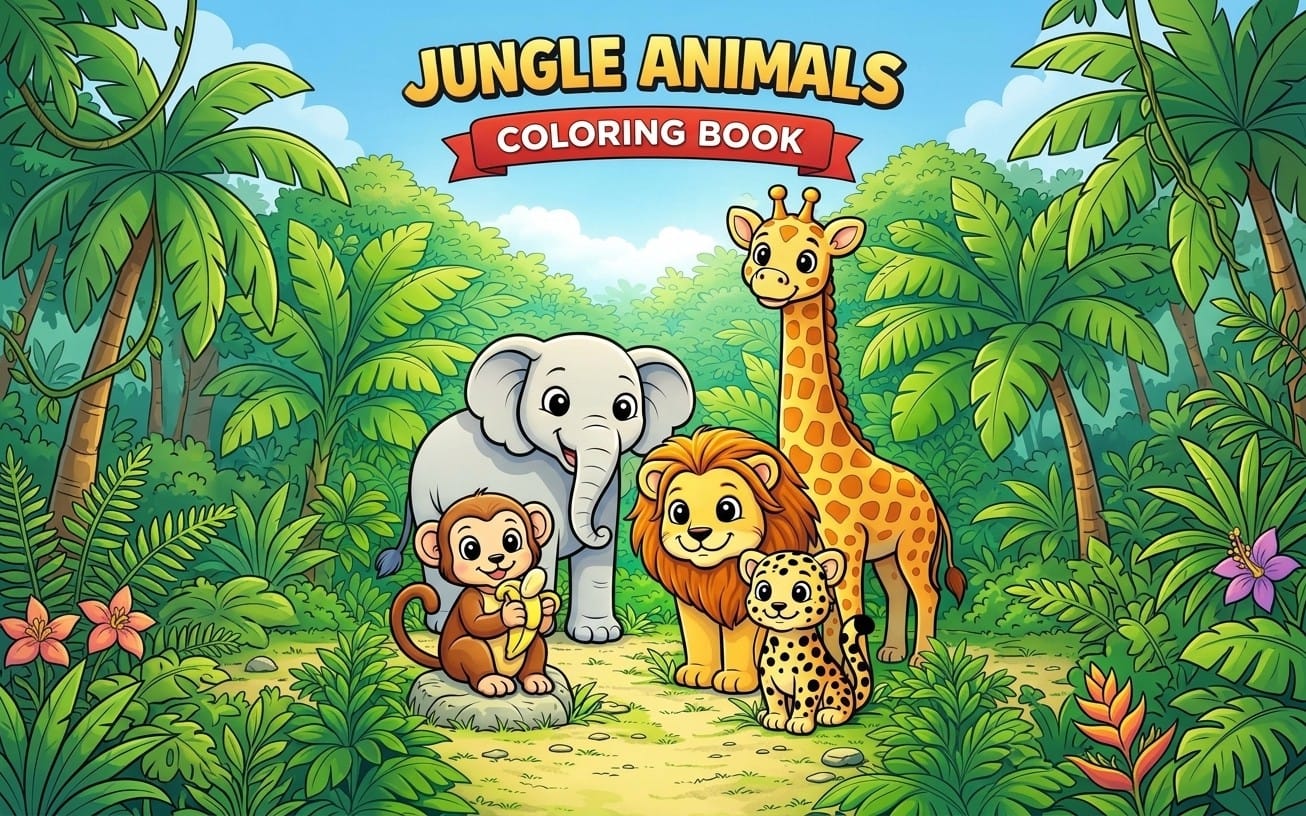 Jungle animals cartoon on a kids coloring book cover with elephant, lion, giraffe, monkey, and leopard