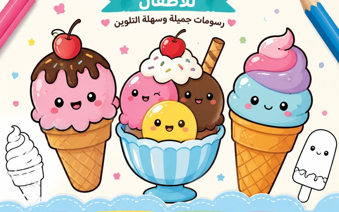 Children’s ice cream coloring book cover with cute cartoon cones and a blank ice cream outline sheet
