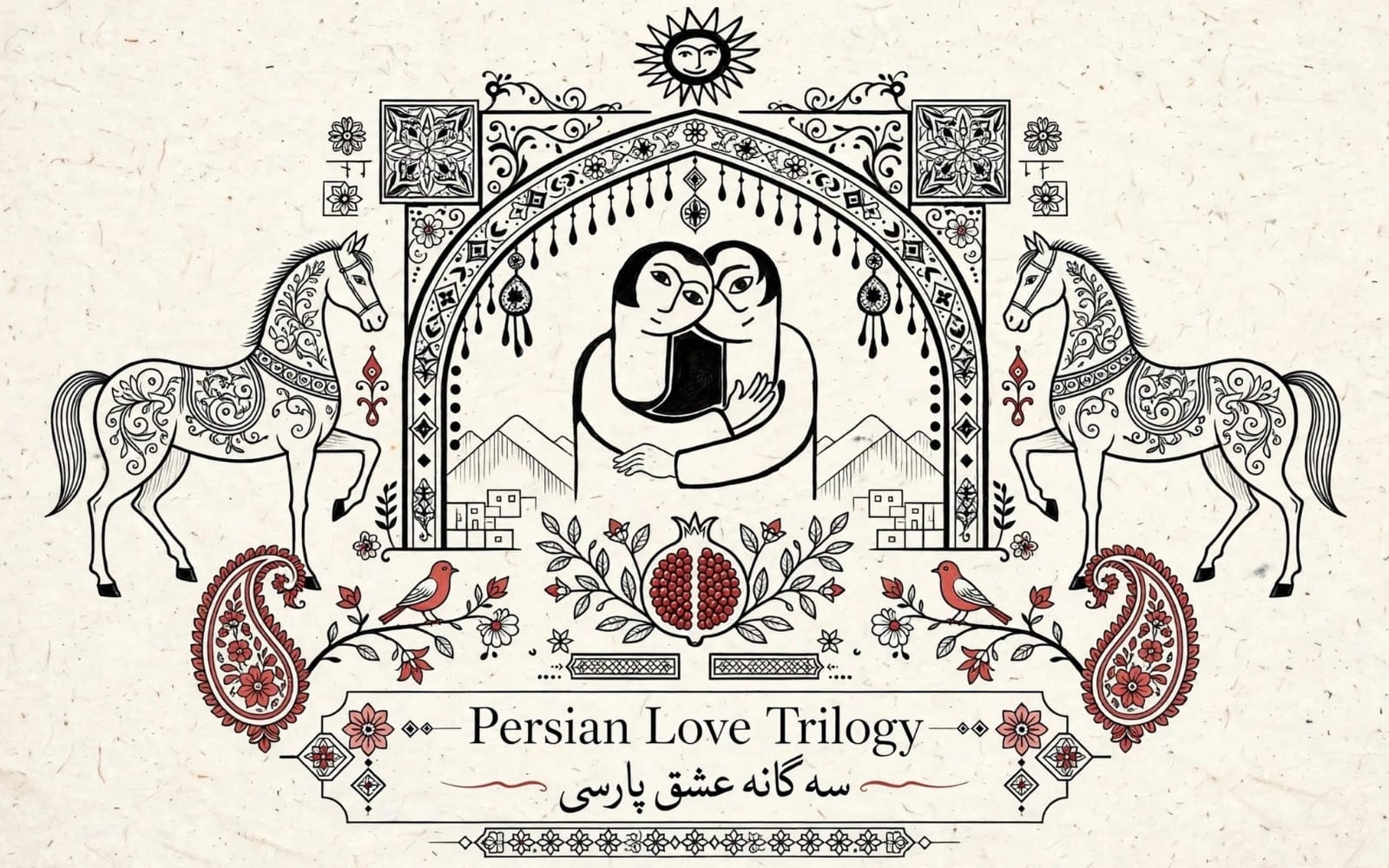 Black-and-white Persian love themed graphic for Persian Love Trilogy with horses, birds, heart motif, and text
