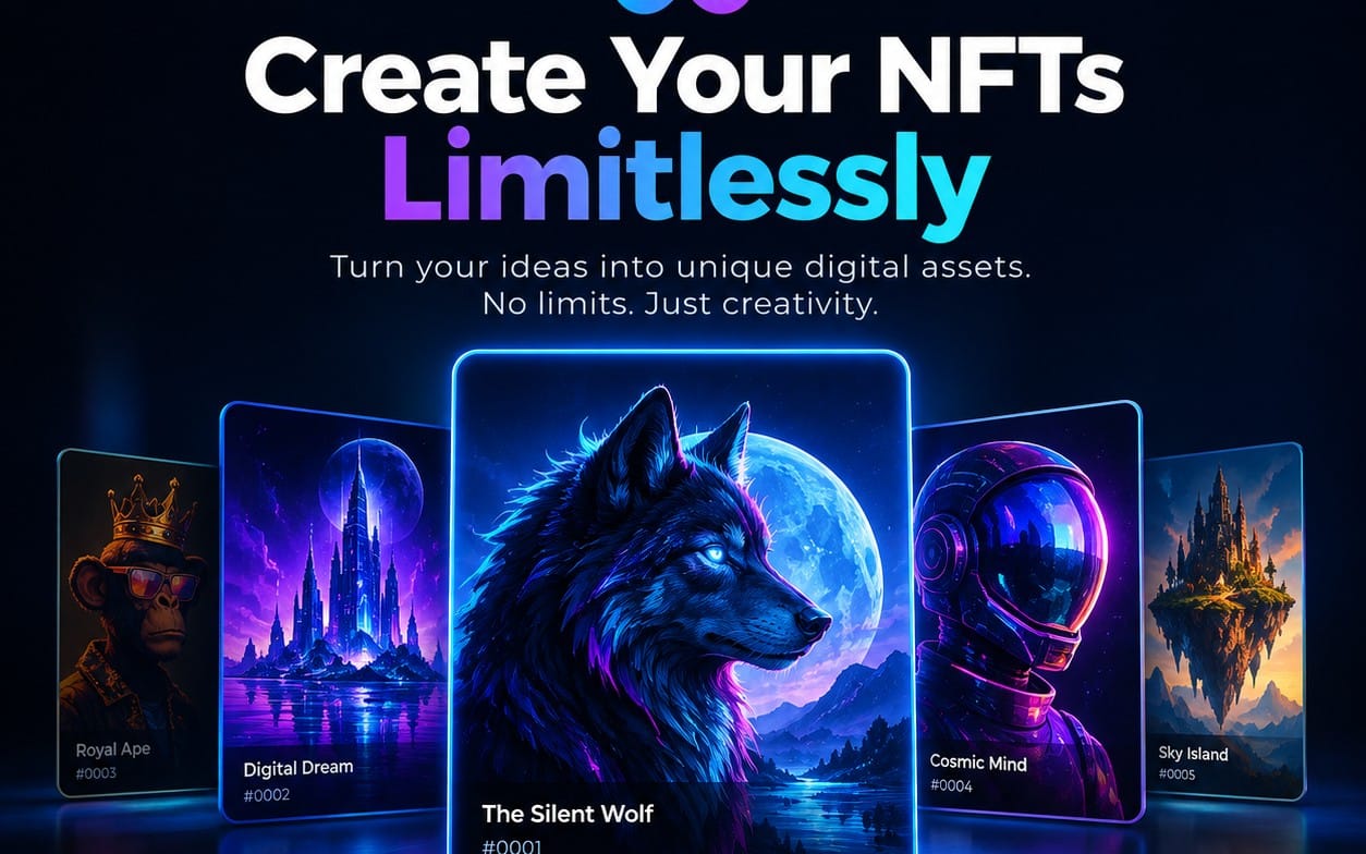 NFT collection promotional banner with wolf artwork and several digital template cards