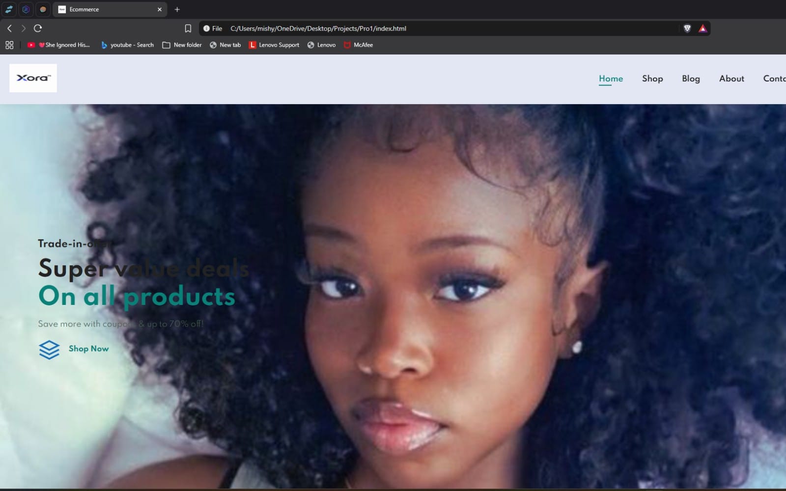 Xora e-commerce website homepage with navigation bar and hero banner featuring a woman portrait and deal text
