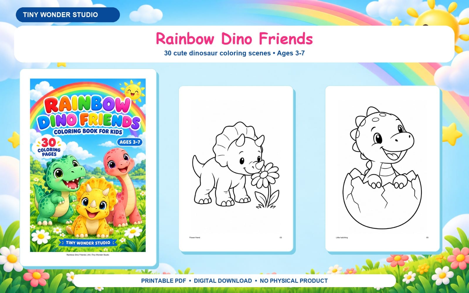 Rainbow Dino Friends: 30 Dinosaur Coloring Pages for Kids | Printable PDF