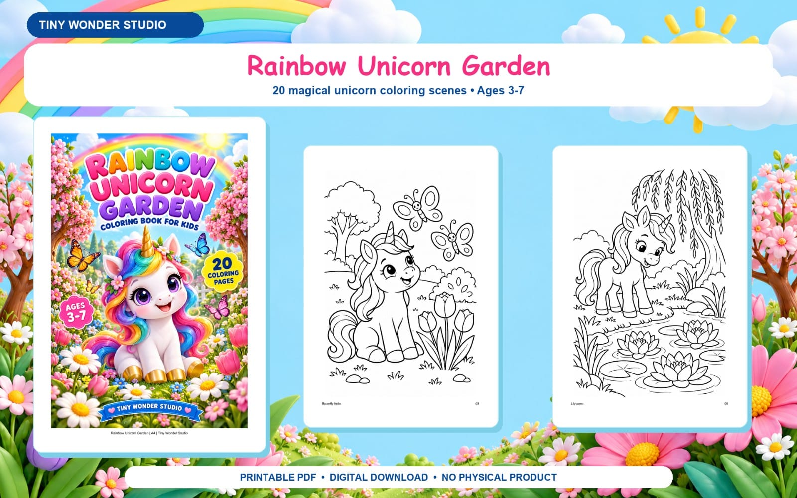 Rainbow Unicorn Garden: 20 Unicorn Coloring Pages for Kids | Printable PDF