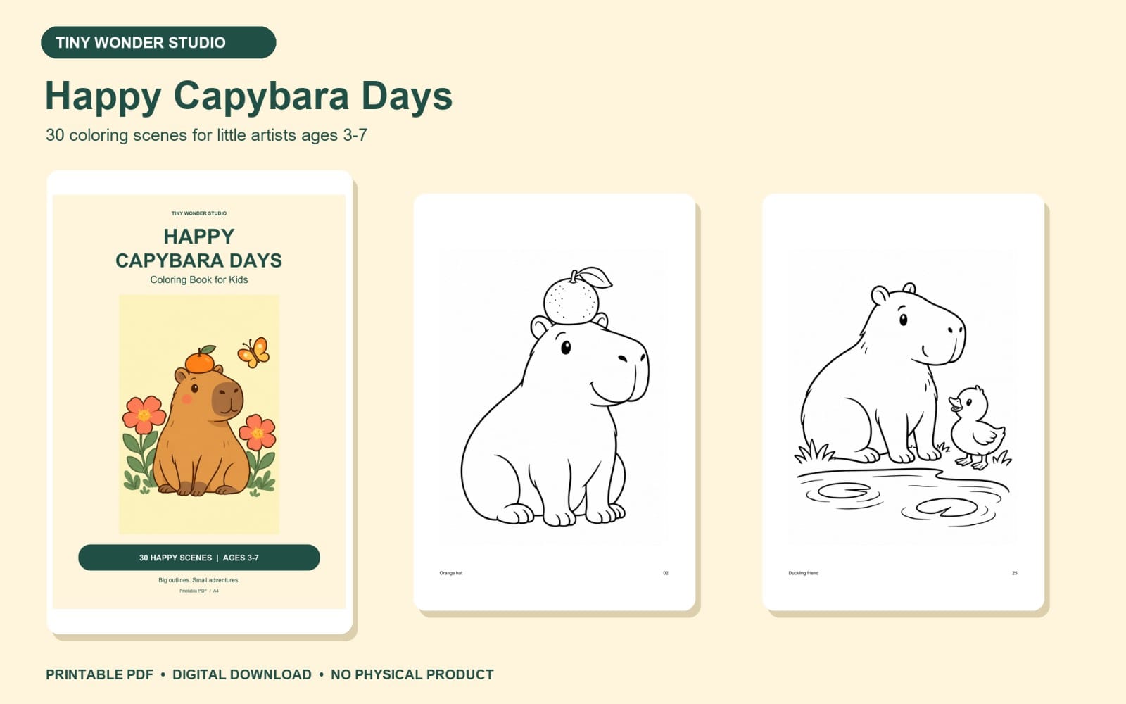 Kids printable coloring book pages with happy capybara and small chick line drawings on a digital download cover