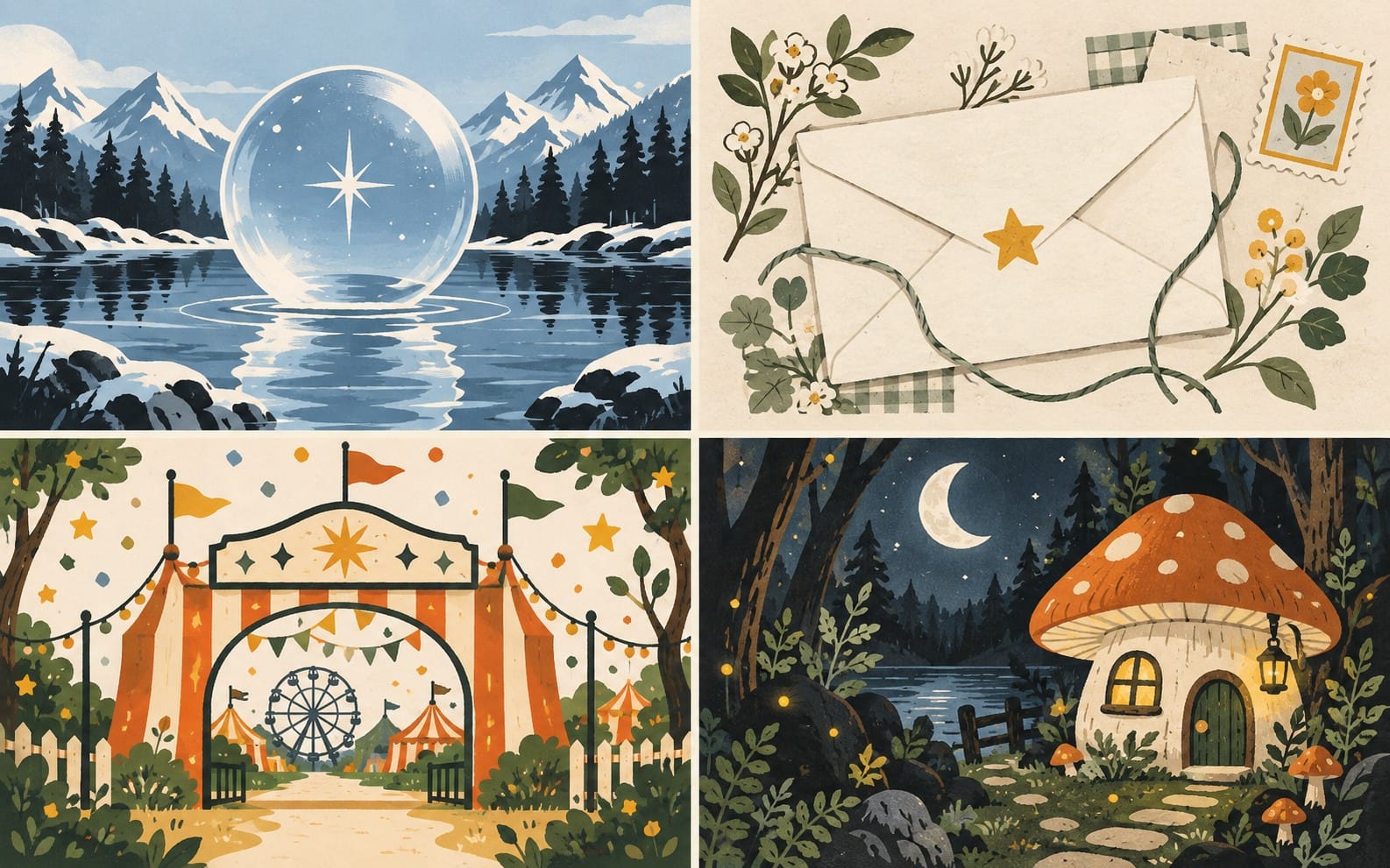 Four original trend-led SVG designs in icy blue, paper cream, muted orange and woodland green.
