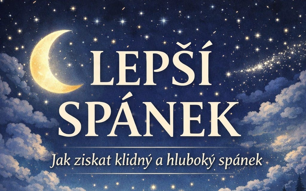 Sleep improvement e-book cover with moon, stars, clouds, and Czech title text Lepší spánek