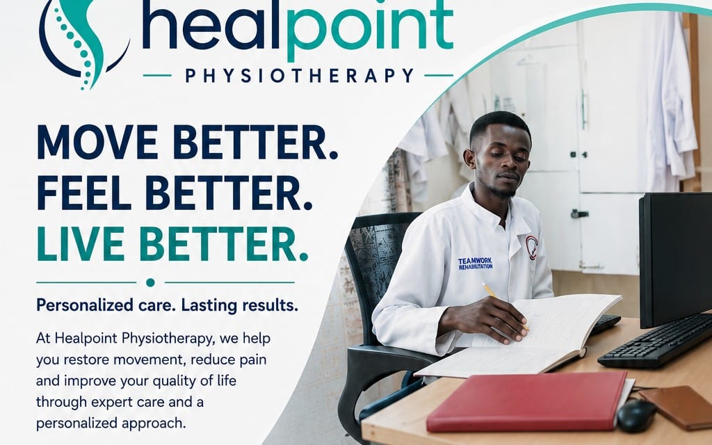 Healpoint physiotherapy ebook cover with clinic therapist reading notes beside a laptop and modern teal text layout