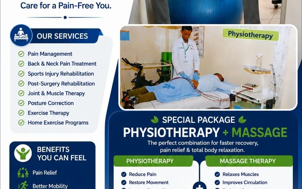 Promotional ebook cover with physio and massage service details, benefits icons, and a therapy treatment photo