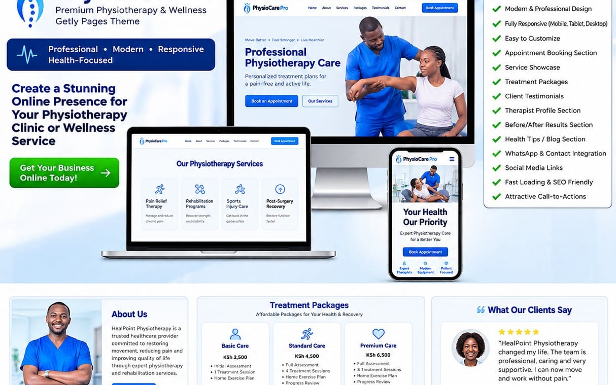 Promotional ebook cover for physiotherapy and wellness clinic website theme with laptop and phone mockups and UI