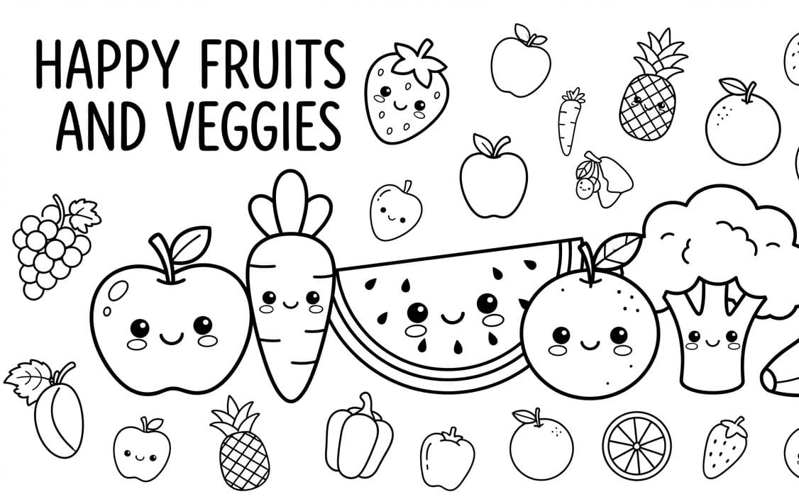 Happy Fruits & Veggies: Книжка-раскраска «Счастливые фрукты и овощи» — веселое и обучающее занятие для детей
