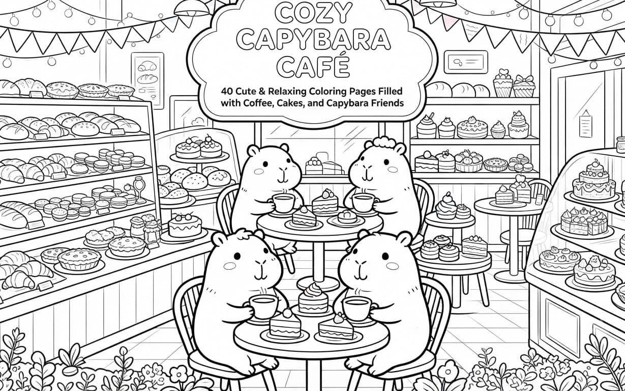 Cozy Capybara Café: 40 Relaxing Coloring Pages for All Ages