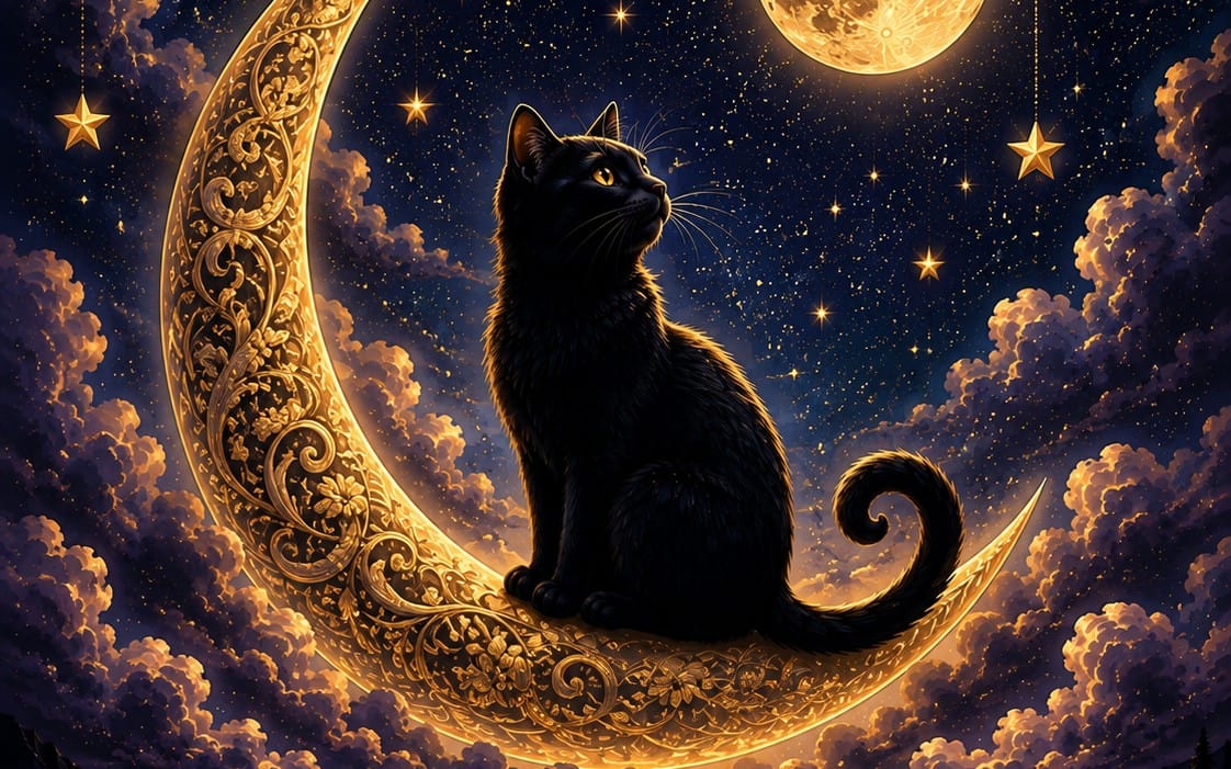 Black cat sits on ornate golden crescent moon fantasy night sky with stars and clouds digital artwork