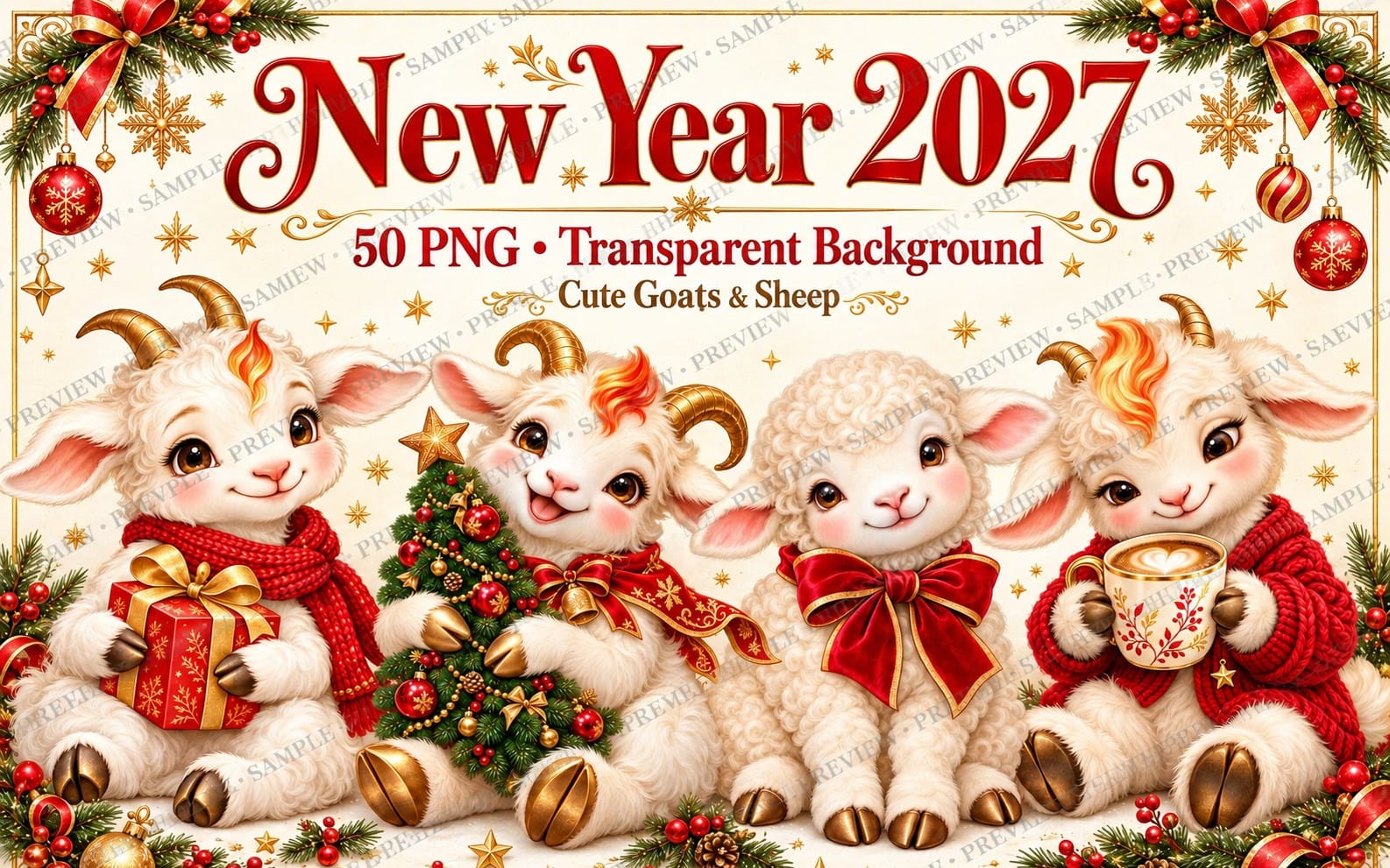 New Year 2027 — 50 transparent PNG illustrations of cute goats and sheep